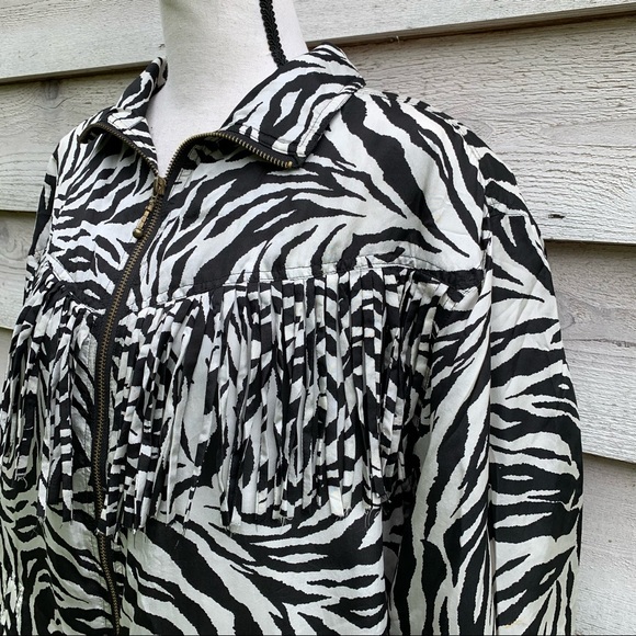Vintage 80s Silk Zebra Print Fringe Trim Long Sleeve Zip Front Collared Jacket - Picture 5 of 16